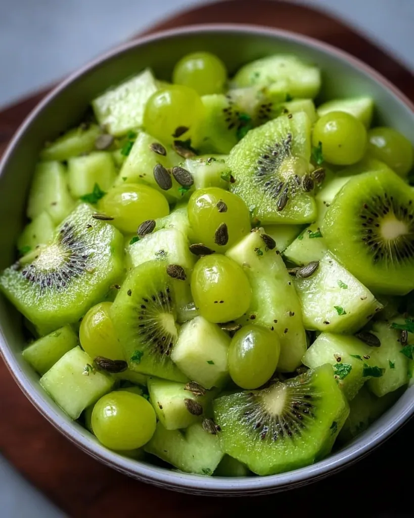 Delicious St. Patrick's Day green fruit salad with kiwi, grapes, and green apples.