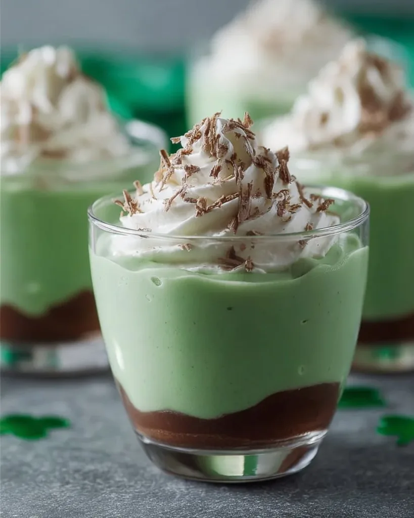 St. Patrick's Day themed green shake pudding cups decorated with festive toppings
