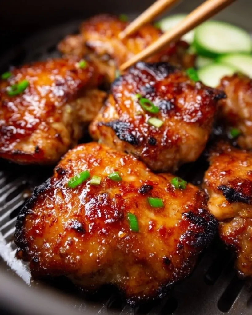 Sticky sweet chili chicken thighs garnished with sesame seeds and green onions