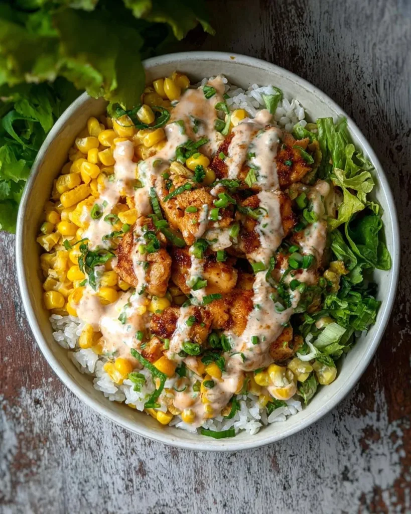 Delicious street corn chicken rice bowls topped with fresh ingredients