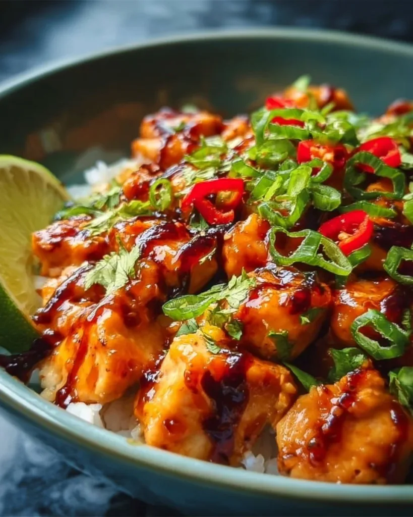 Delicious Sweet Chili Chicken Bowl with tender chicken and vibrant vegetables.