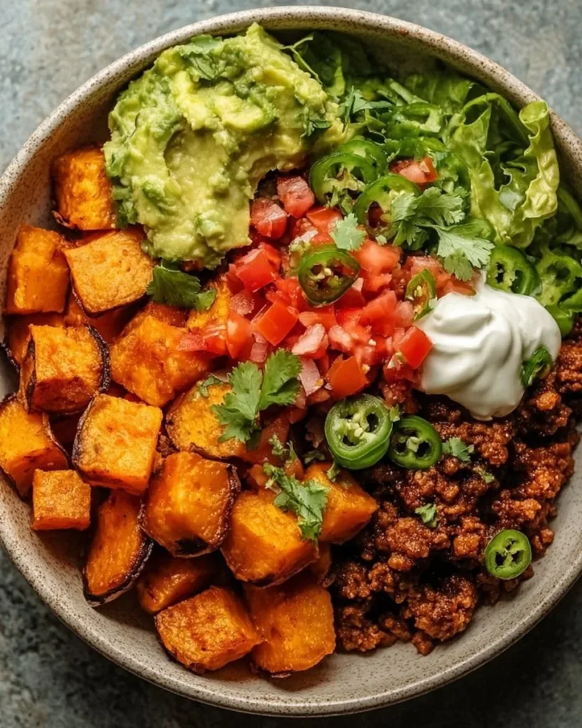 Colorful Sweet Potato Taco Bowl garnished with fresh ingredients