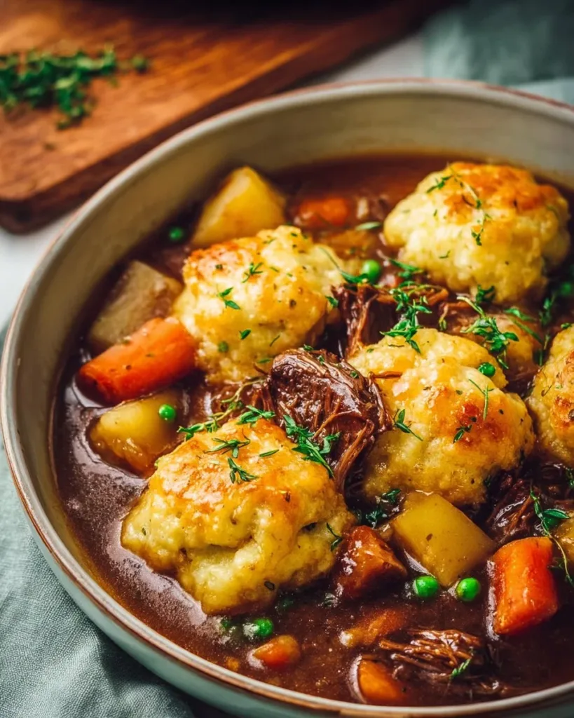 Tender Irish stew with fluffy cheddar dumplings served in a rustic bowl.