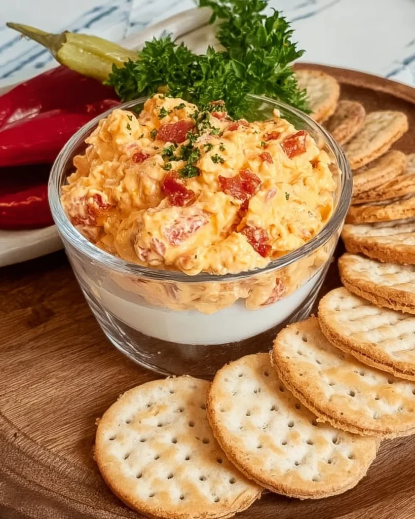Delicious bowl of homemade pimento cheese served with crackers and veggies