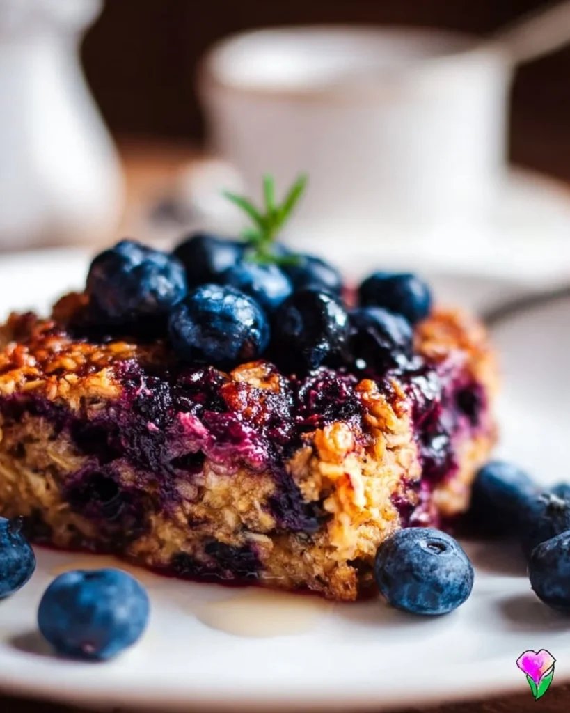 Blueberry baked oatmeal dish topped with fresh blueberries and served in a bowl.
