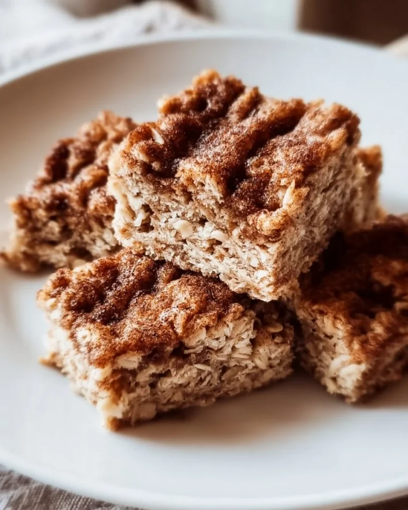 Cinnamon roll baked oatmeal squares topped with icing and cinnamon sugar