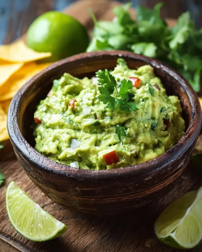 Bowl of creamy guacamole with fresh ingredients and tortilla chips