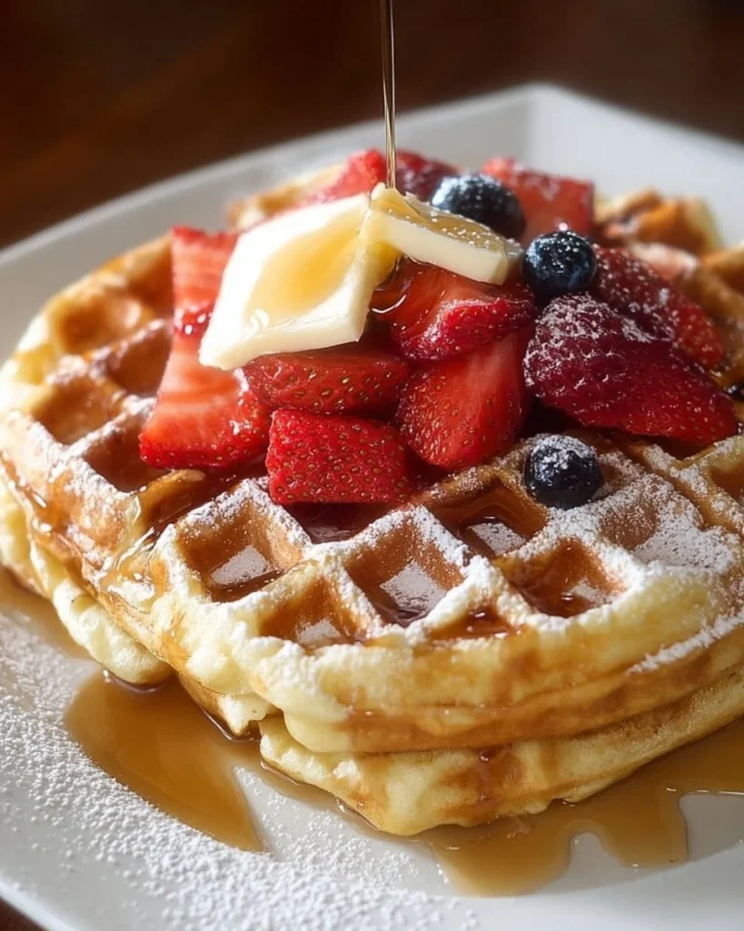 Fluffy Belgian waffles topped with fresh berries and syrup on a plate