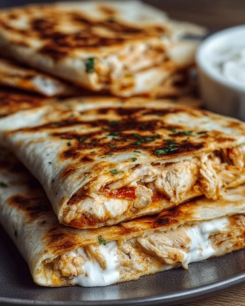 High-protein chicken ranch quesadilla served on a plate with dipping sauce.