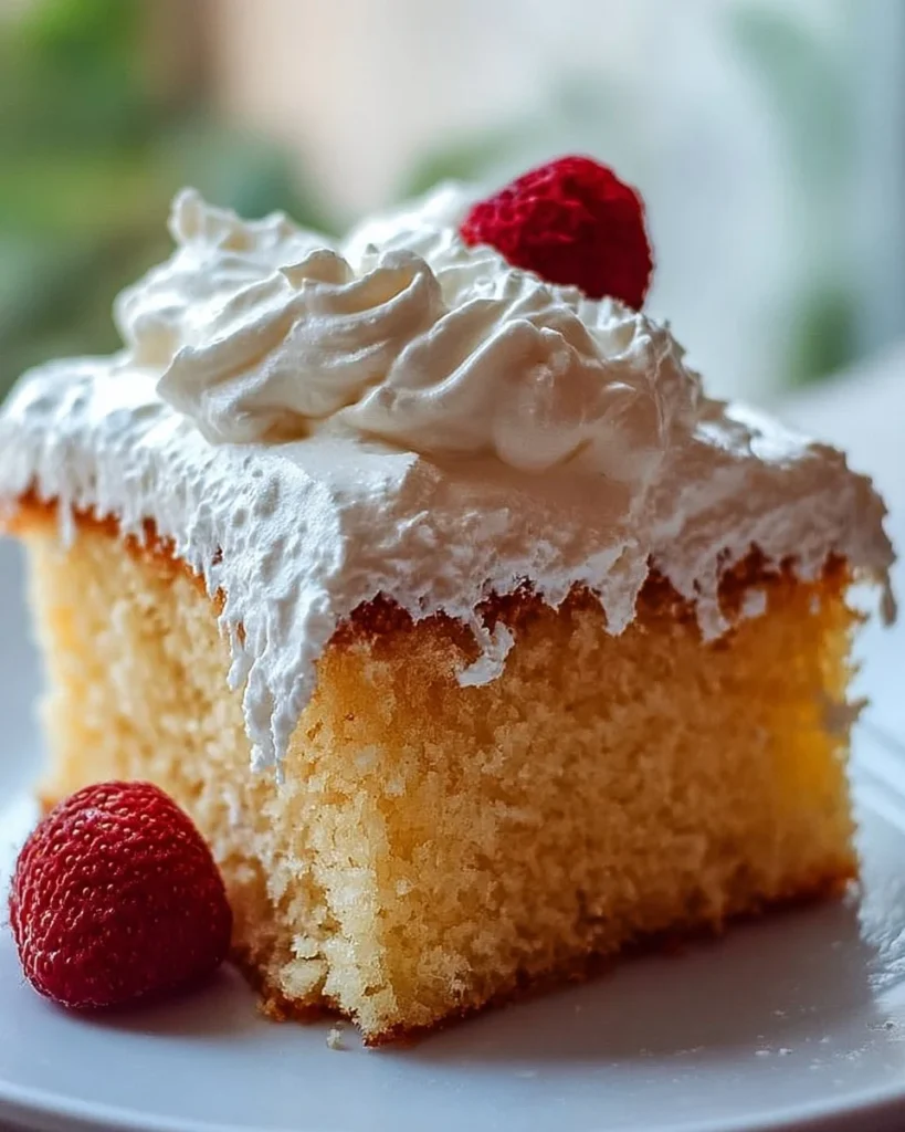 Moist Tres Leches Cake topped with whipped cream and strawberries