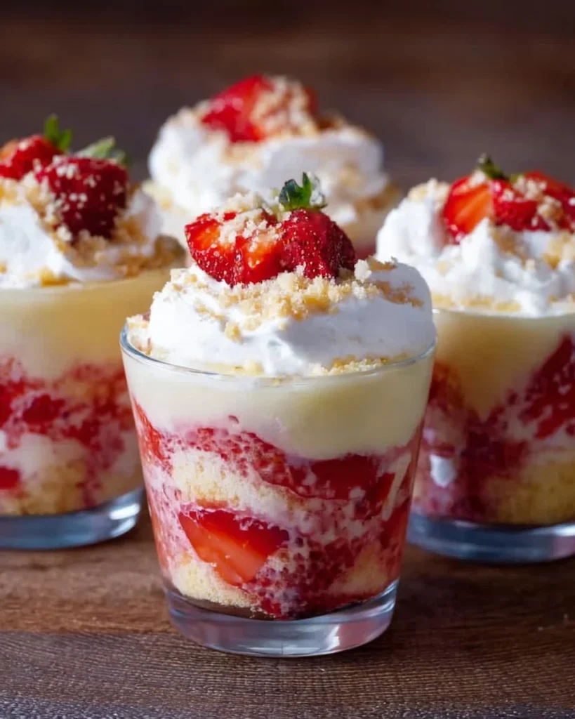 Delicious strawberry shortcake pudding cups topped with fresh strawberries