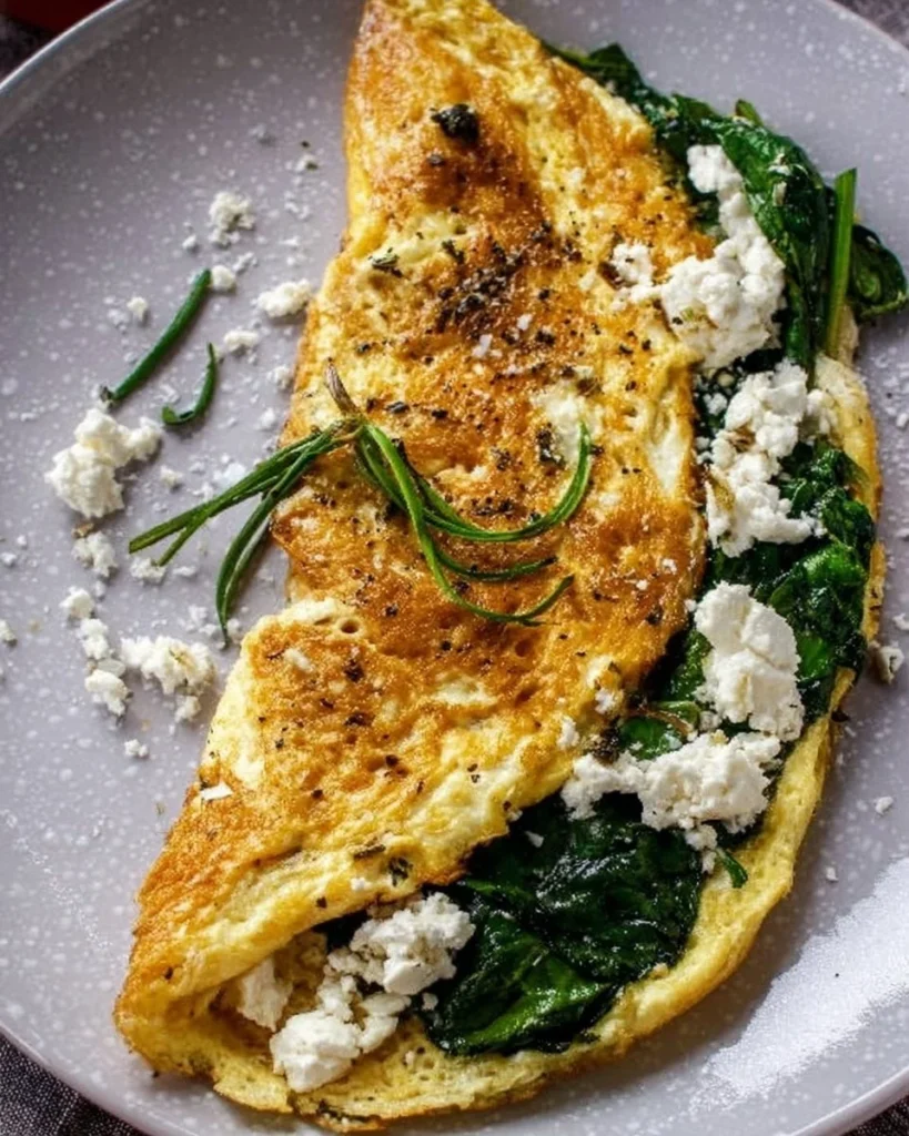 Delicious spinach feta omelet served on a plate with fresh herbs.