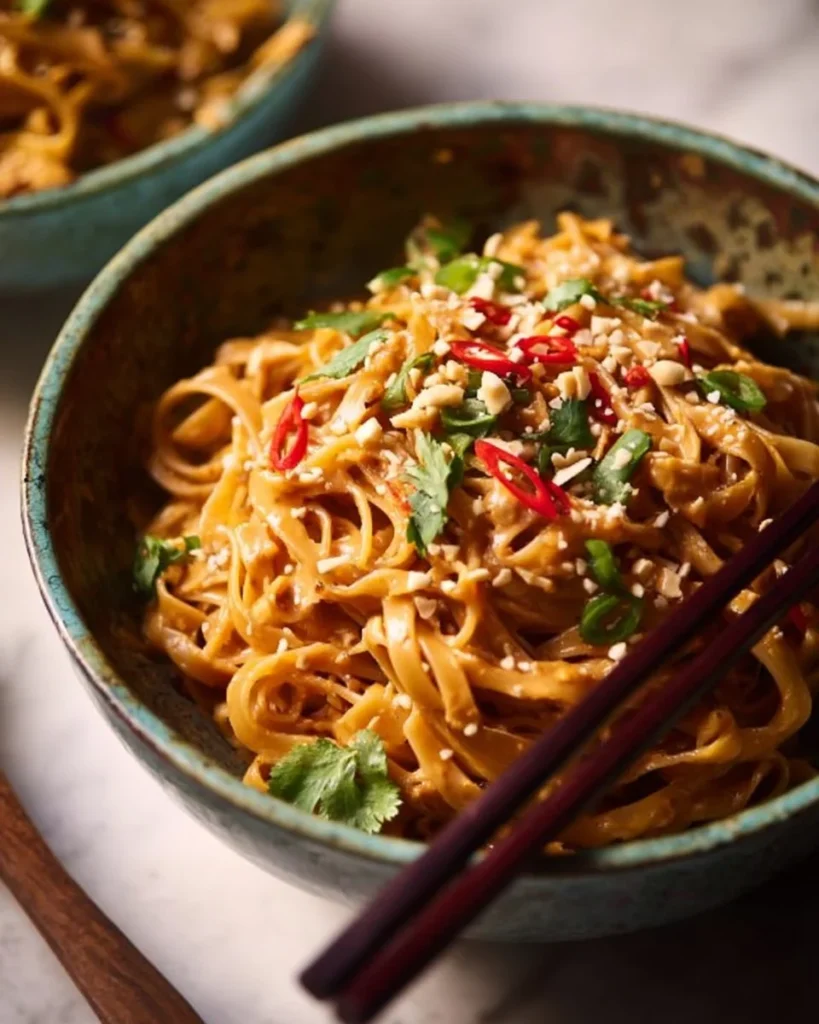 Bowl of quick 5-Minute Peanut Noodles with vibrant vegetables and sauce