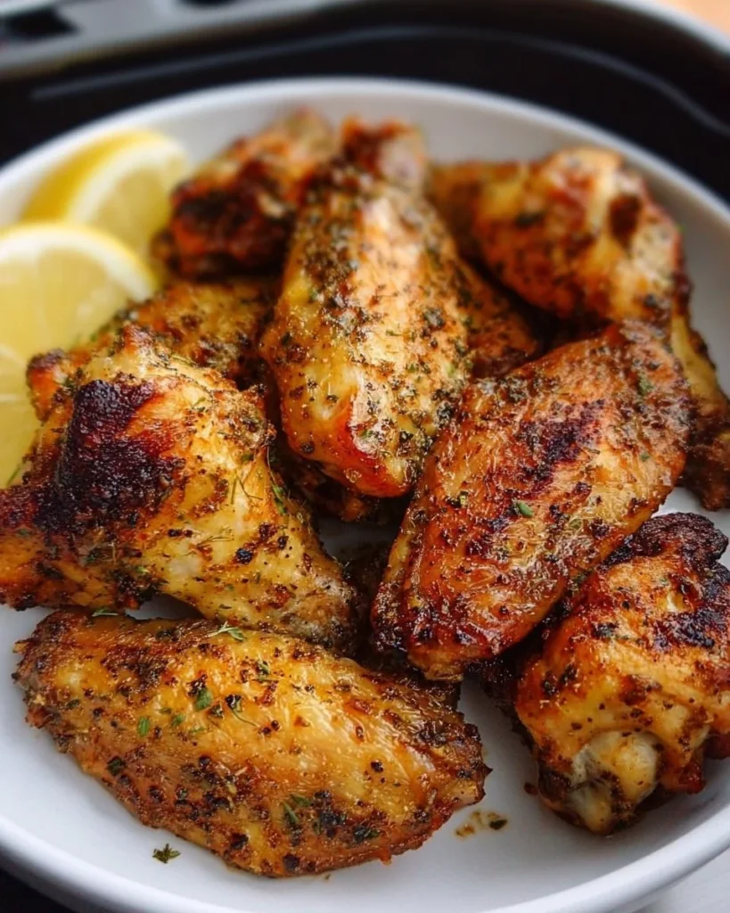Crispy Air Fryer Lemon Pepper Wings garnished with lemon and pepper