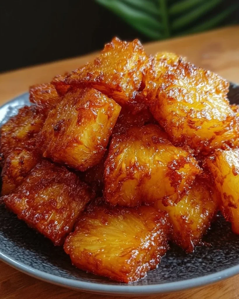 Golden air fryer pineapple chunks served in a bowl