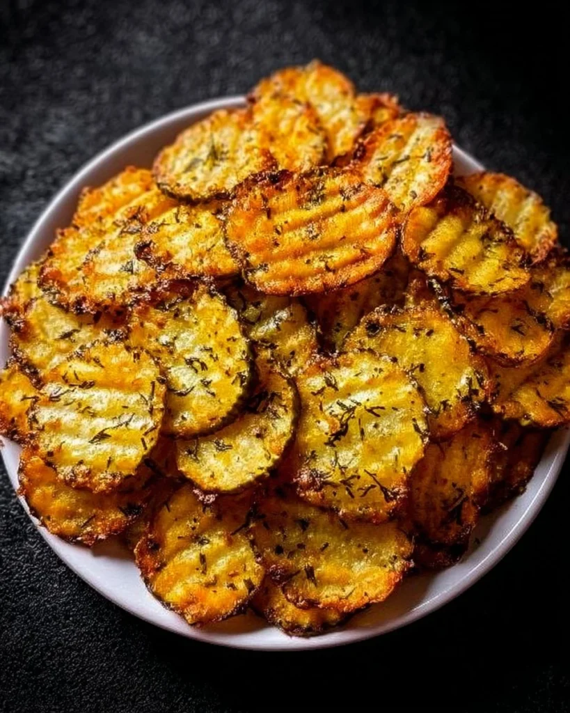 Crispy Air Fryer Spicy Dill Pickle Chips served in a bowl