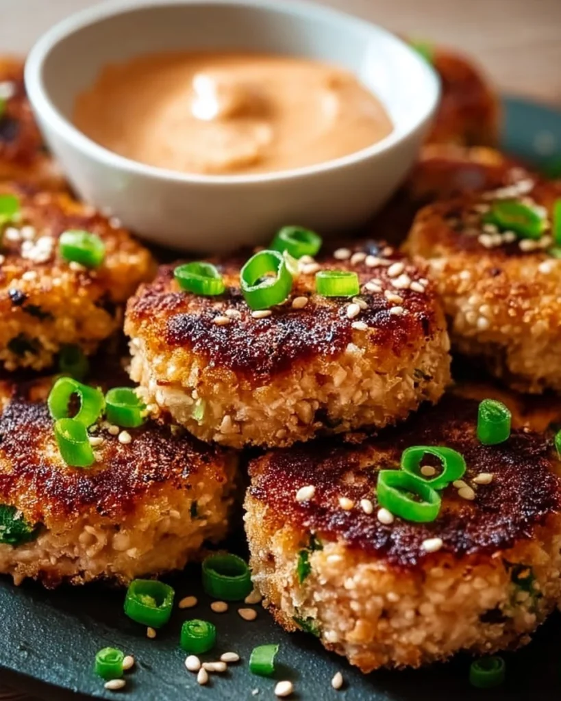 Asian Tuna Cakes topped with Spicy Mayo served on a plate