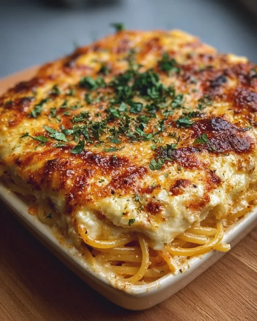 Baked Cream Cheese Spaghetti Casserole topped with melted cheese and herbs