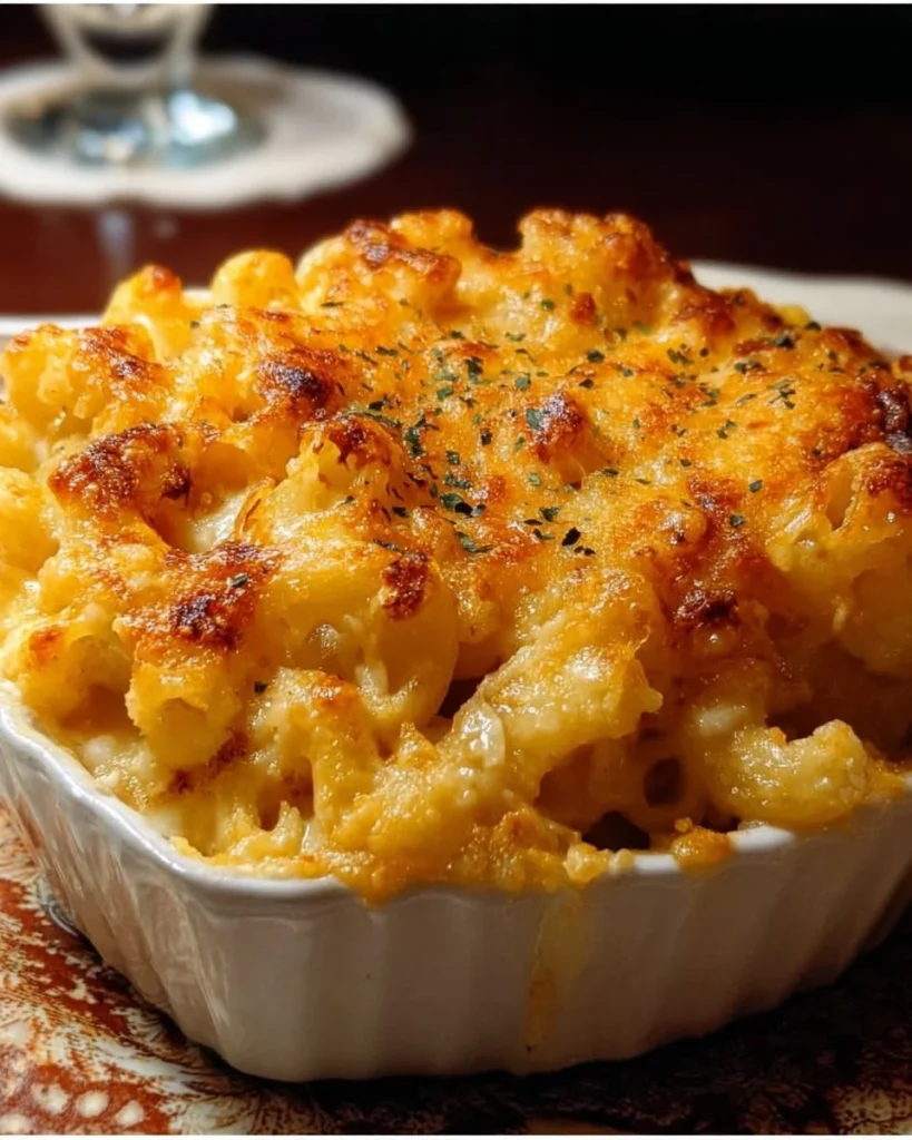 Creamy baked mac and cheese with golden crispy topping