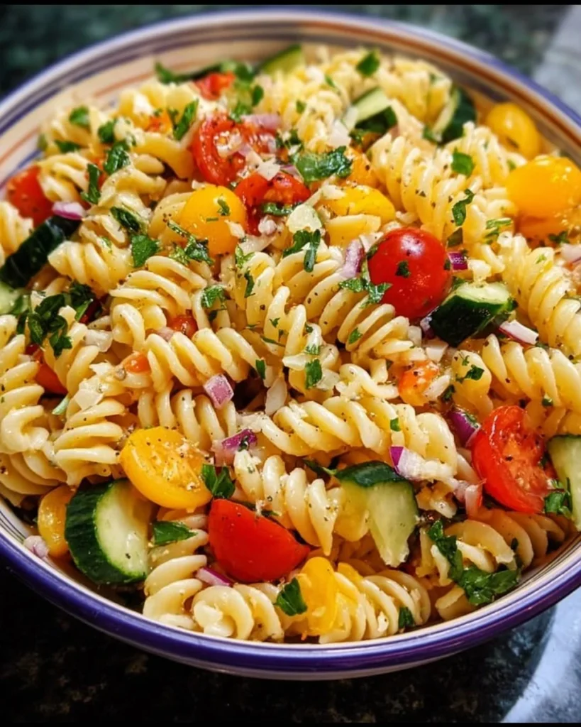 A bowl of best classic pasta salad with colorful vegetables and dressing.
