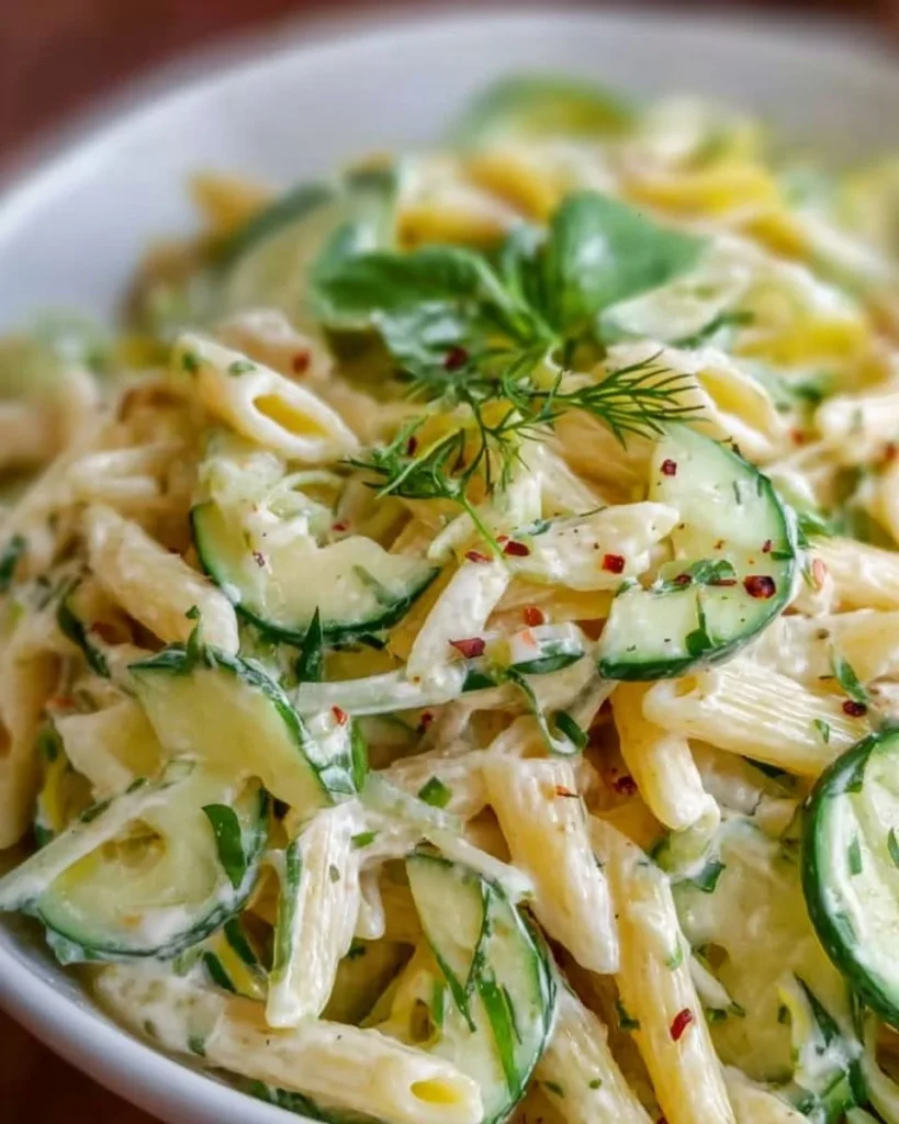Delicious cucumber pasta salad with fresh ingredients in a bowl
