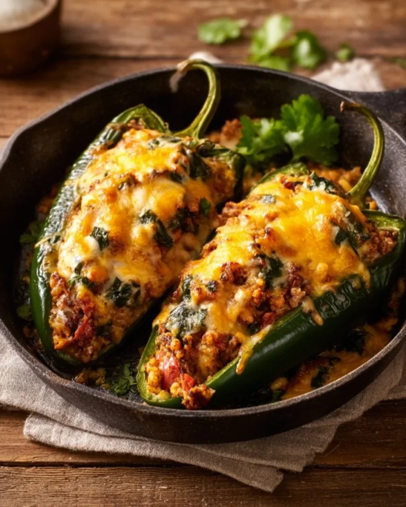 Delicious Bobby Flay stuffed poblano peppers filled with savory ingredients.
