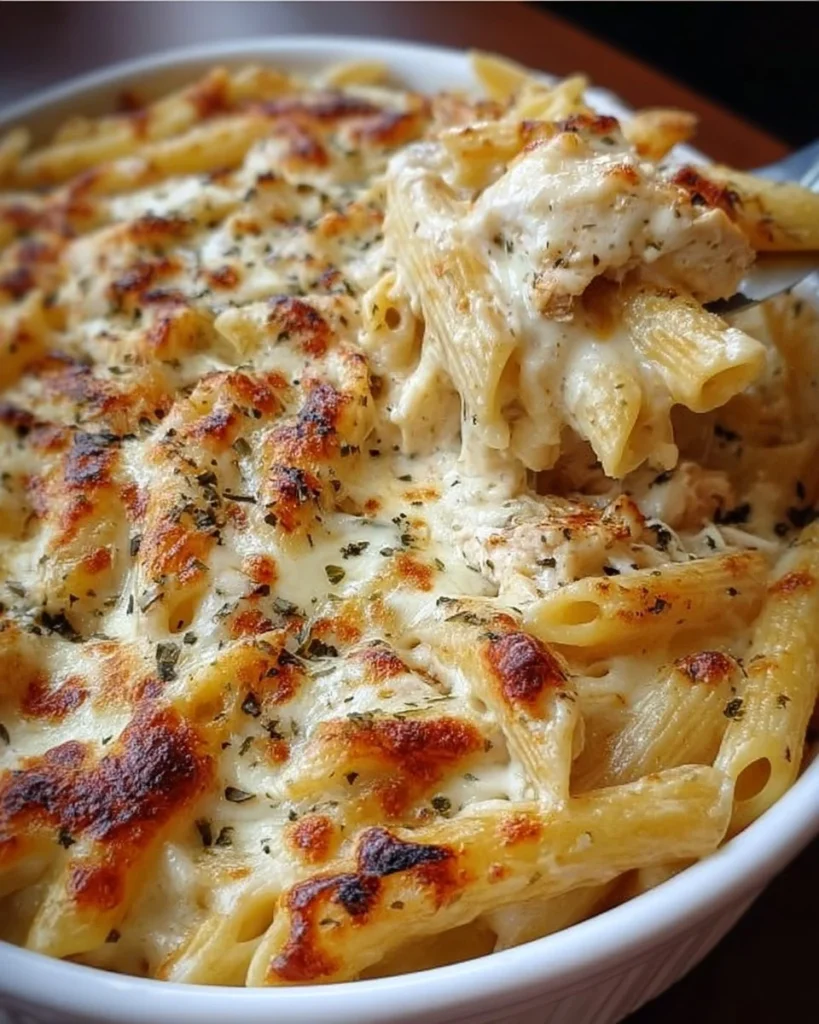 Baked Ziti with Chicken Alfredo sauce and pasta topped with cheese