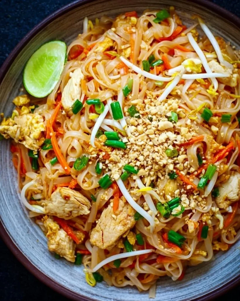 Delicious Chicken Pad Thai served with fresh herbs and lime