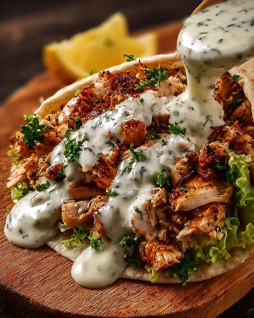 Delicious Chicken Shawarma topped with creamy garlic sauce on a plate.