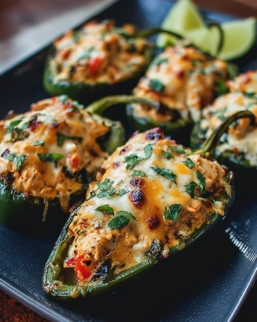 Delicious chicken stuffed poblano peppers served on a plate