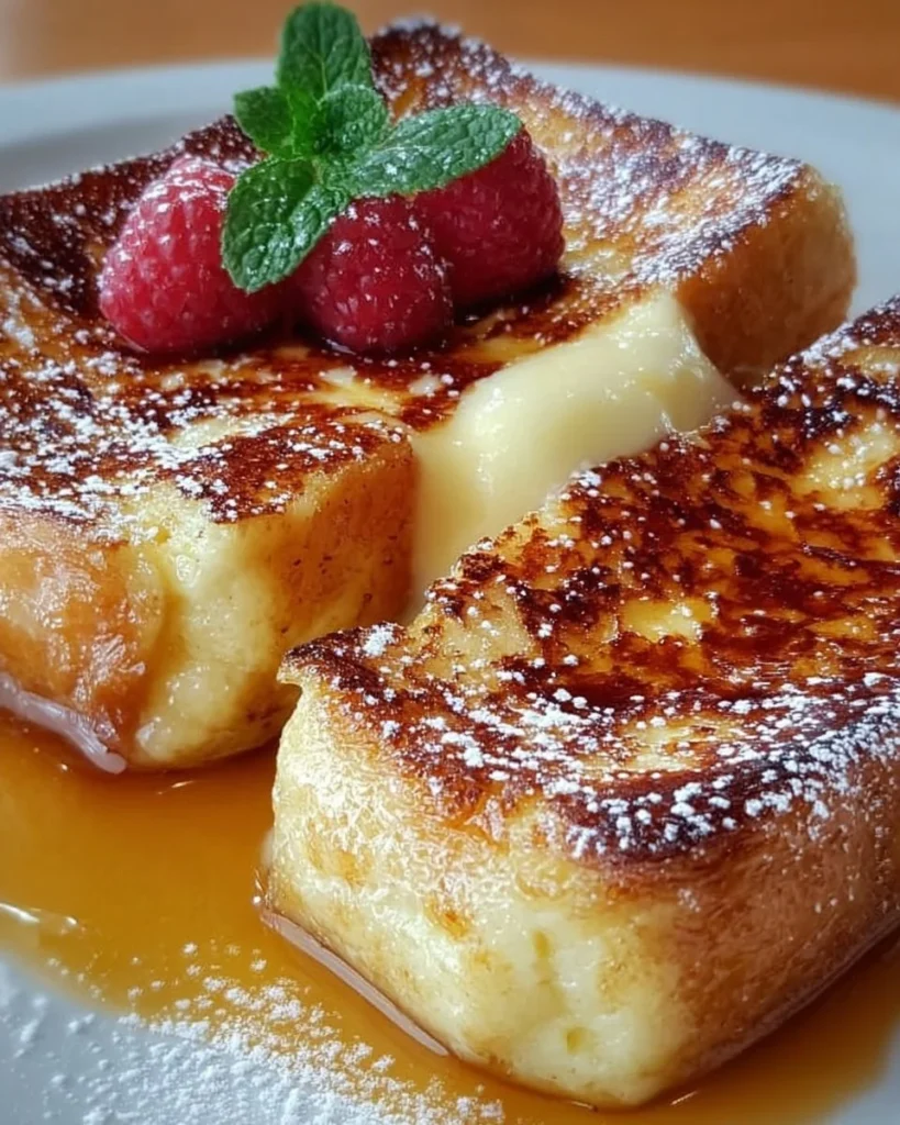 Delicious creamy burnt cream French toast topped with caramelized sugar.