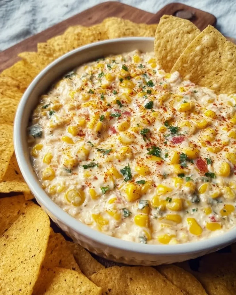 Creamy Crack Corn Dip served in a bowl with chips for dipping.