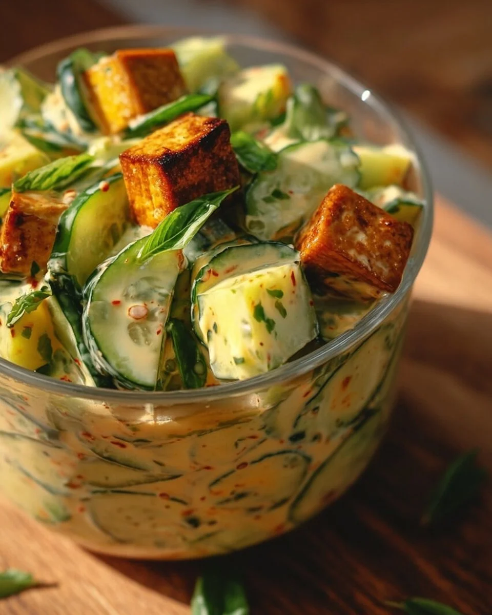 Easy Creamy Asian Cucumber Salad with Crispy Tofu