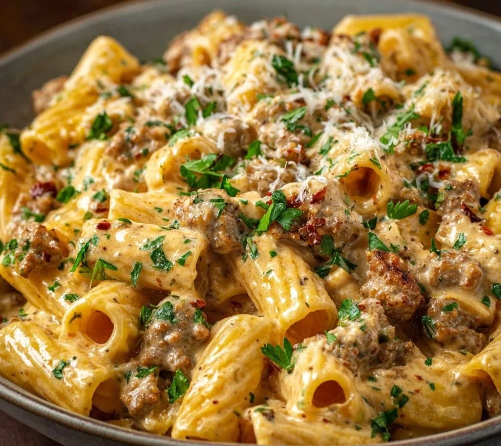 Creamy Italian sausage rigatoni served in a bowl garnished with parsley