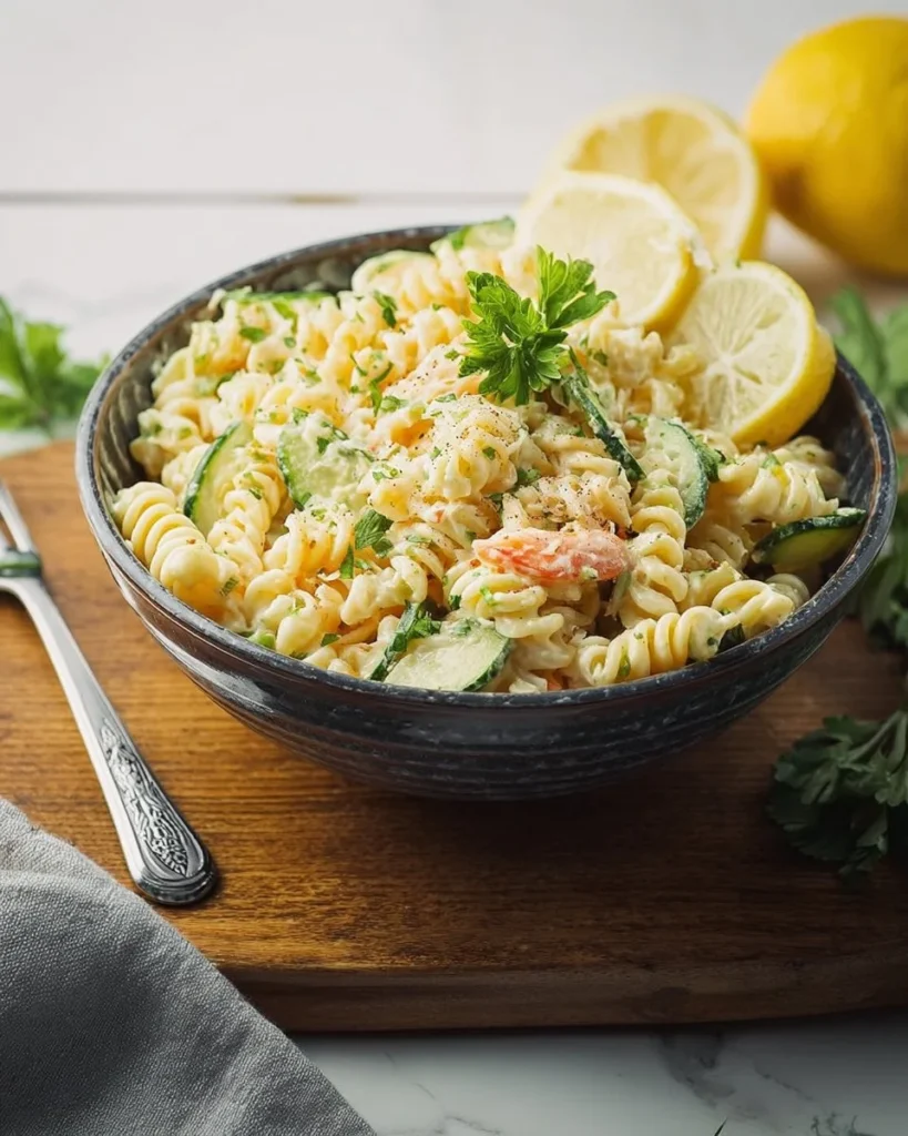 Creamy lemon parmesan pasta salad served in a bowl with fresh herbs and lemon wedges.