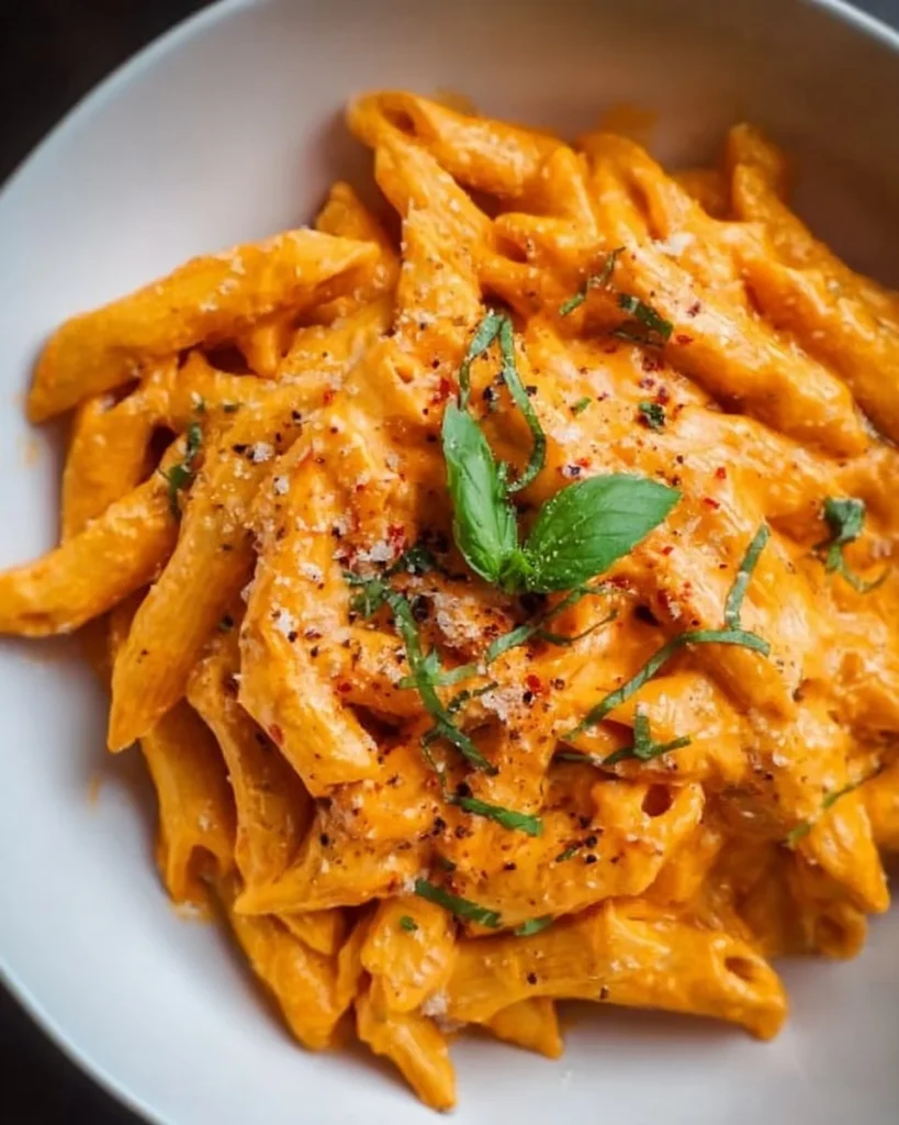 Creamy tomato pasta dish garnished with fresh basil and parmesan cheese