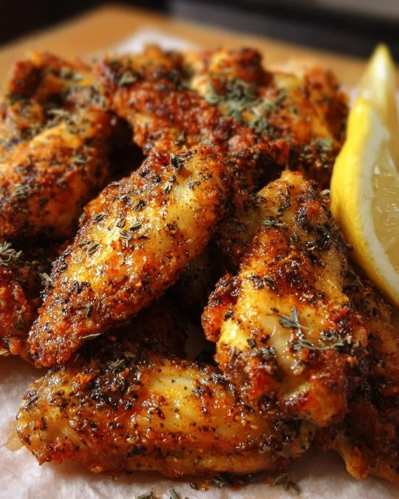 Crispy baked lemon pepper wings on a plate, garnished with lemon slices and herbs.