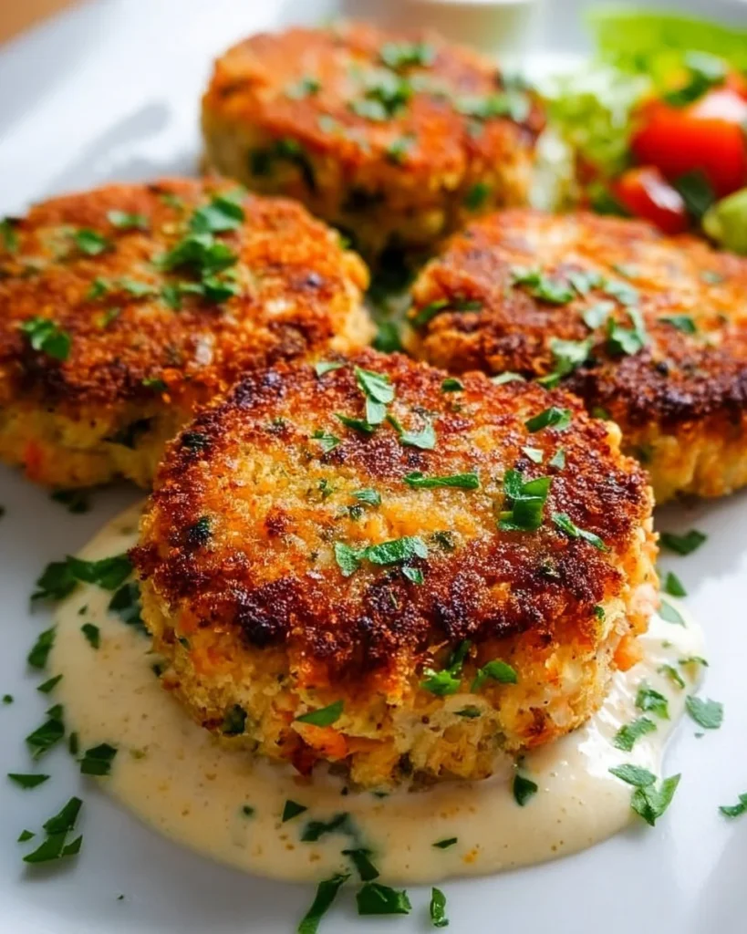 Crispy homemade salmon cakes served with a lemon wedge and fresh herbs