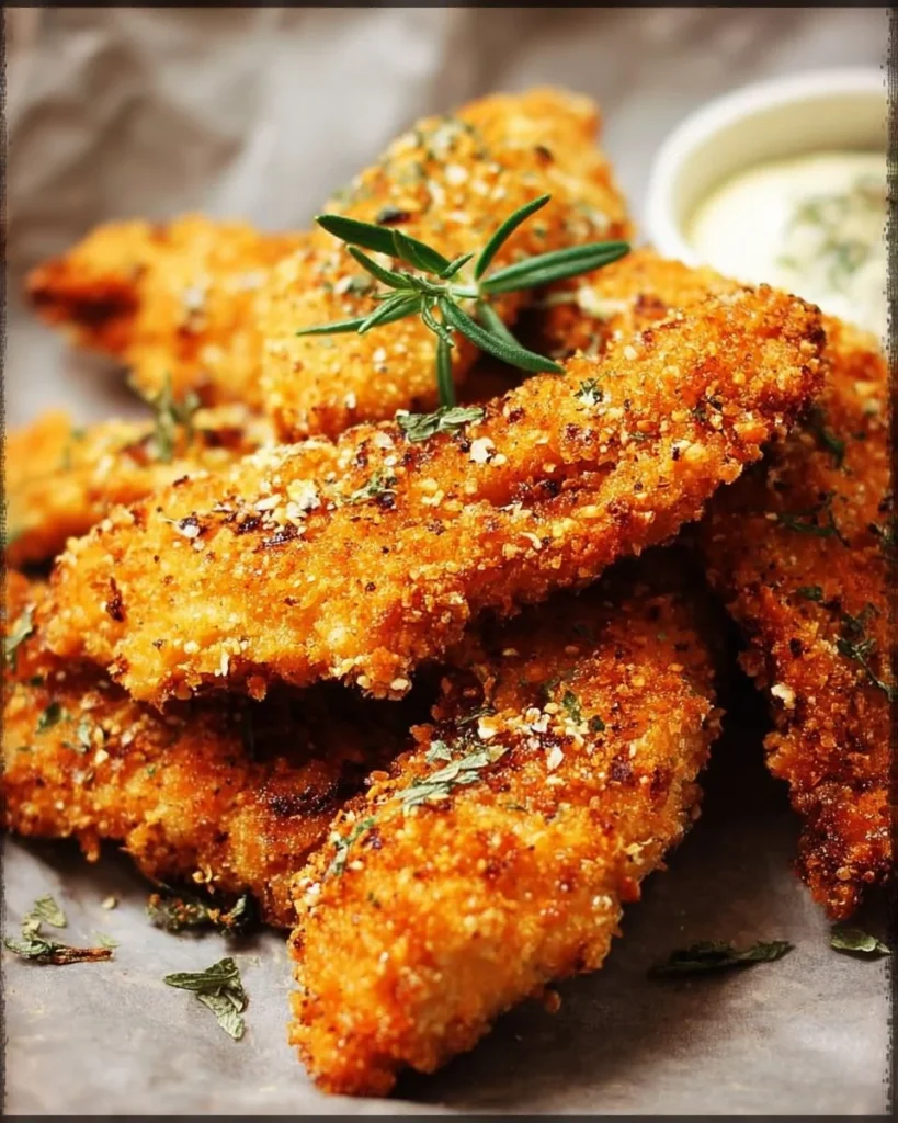 Crispy oven baked chicken tenders served with dipping sauce