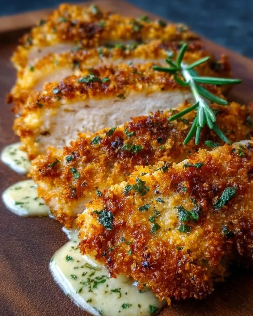Crispy Parmesan Crusted Chicken served on a plate with herbs