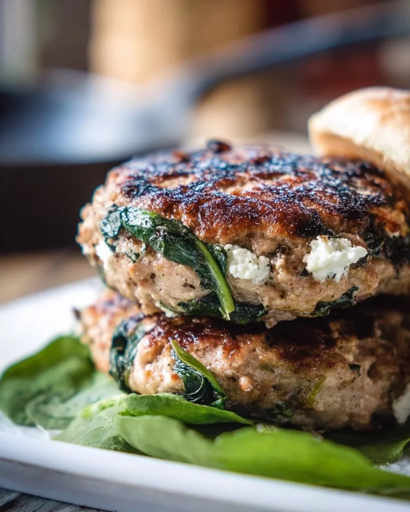 Turkey Spinach Feta Burgers served with fresh vegetables and a side of sauce