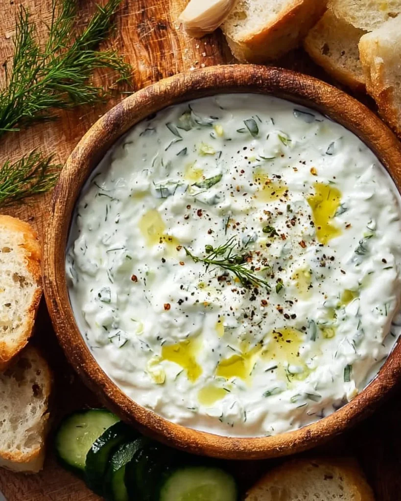 A bowl of easy authentic Tzatziki Sauce garnished with fresh herbs
