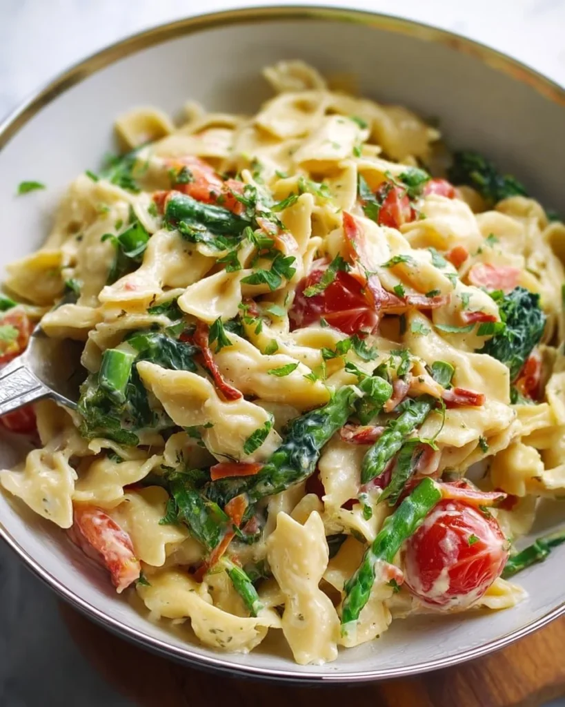 Bowl of easy fresh spring pasta with seasonal vegetables and herbs