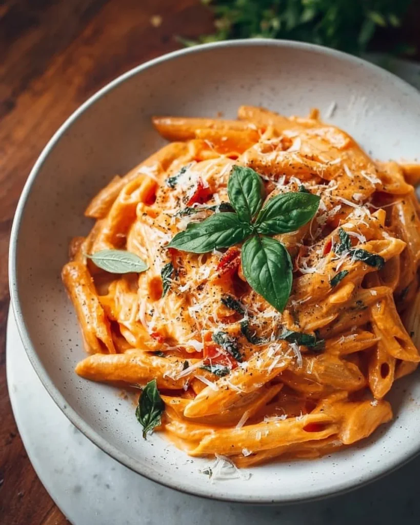 One pot creamy tomato pasta served in a bowl topped with fresh basil