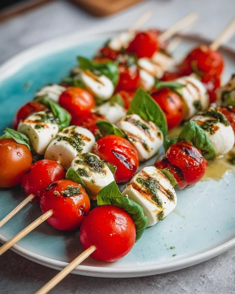 Festive Caprese skewers with cherry tomatoes, mozzarella, and basil.