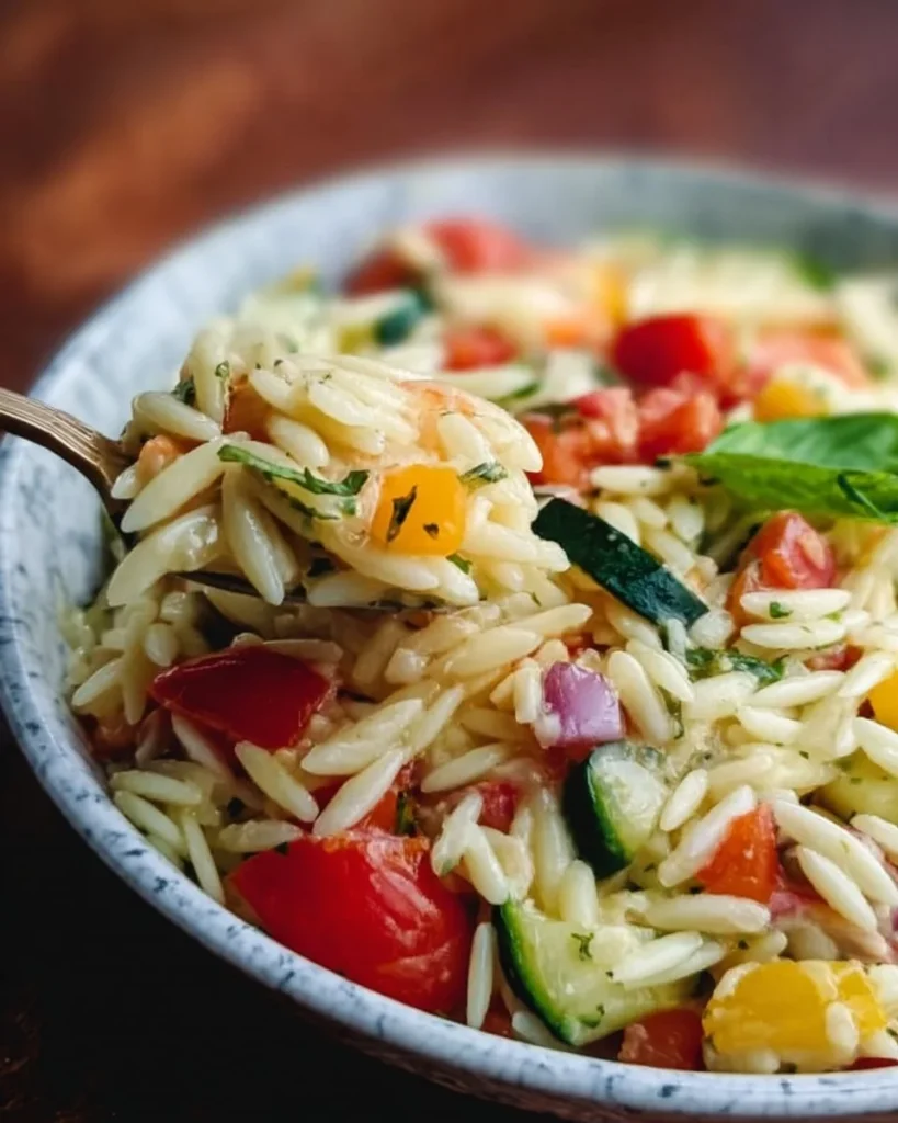 Delicious fresh orzo salad made with vegetables and herbs