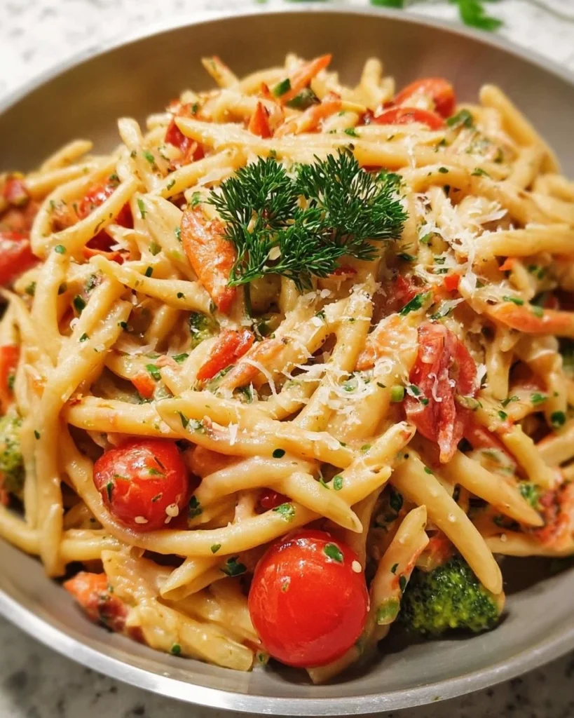 A vibrant plate of fresh spring pasta with seasonal vegetables and herbs.