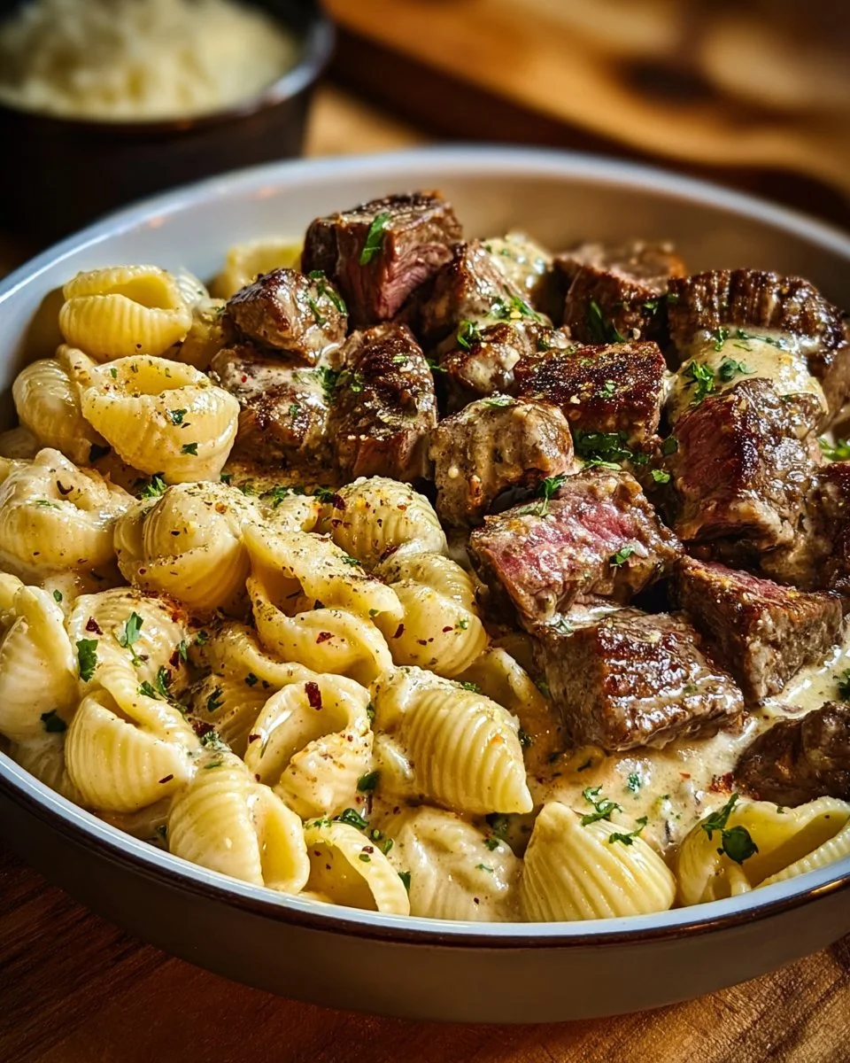 Steak Bites and Shell Pasta in Garlic Butter Alfredo Sauce