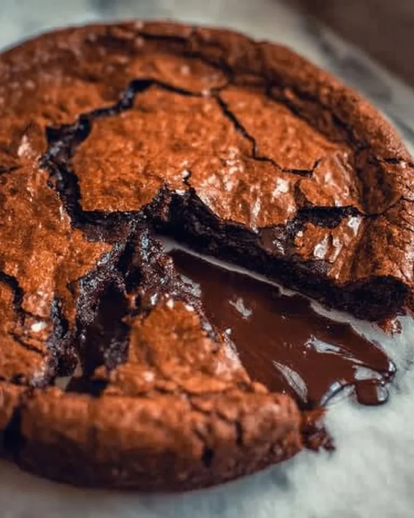 Delicious gooey brownie pie topped with chocolate drizzle on a white plate.