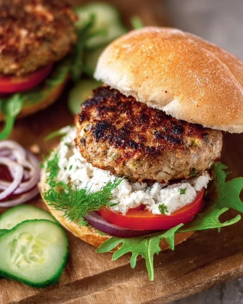 Greek Feta Turkey Burgers served with fresh toppings